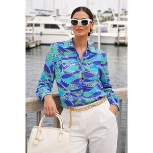 Notations Petite PXL Blue Green Chain Print Roll Tab Blouse Top